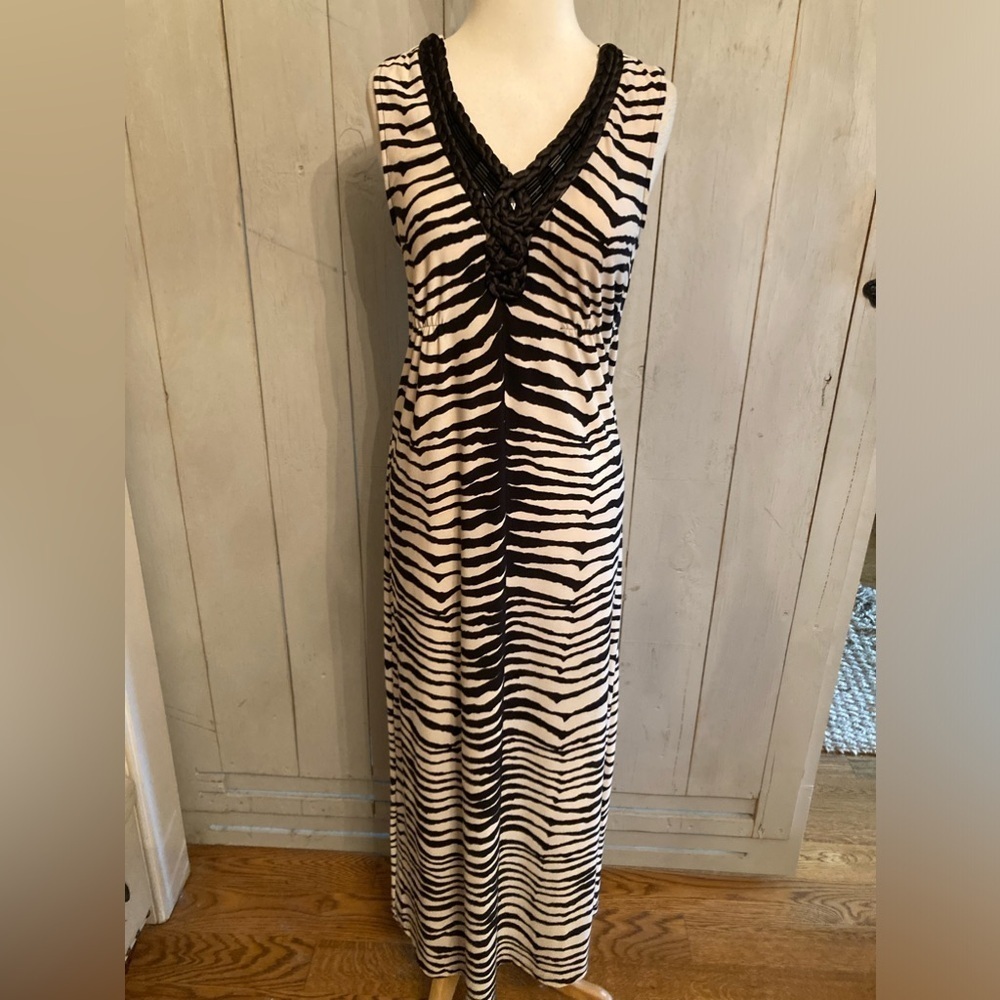 Chico's Animal Print Maxi Dress Beaded, V-Neck Sleeveless Size 1 New